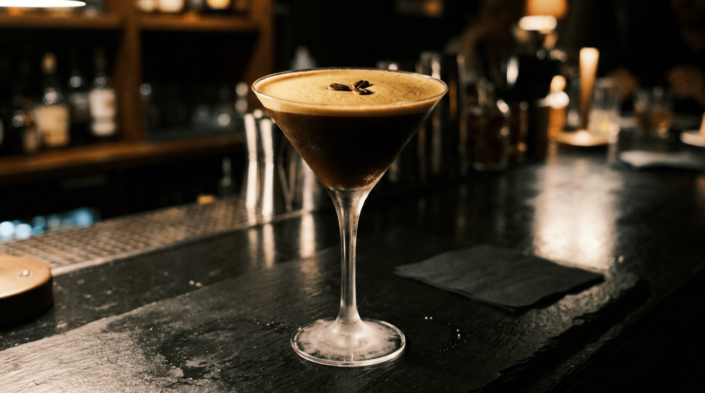 Espresso martini in a chilled martini glass with foam and three coffee beans on top