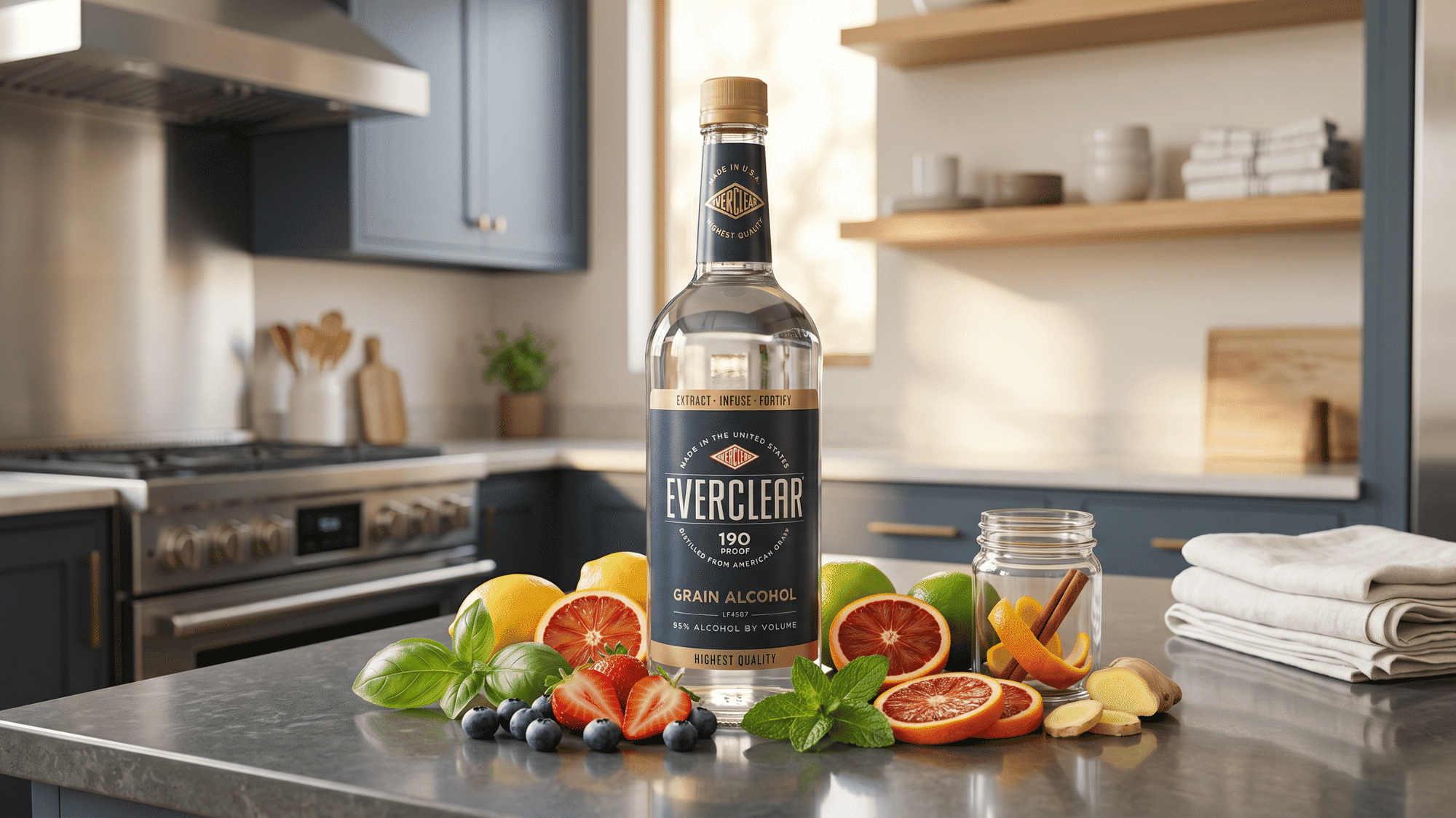 Everclear 190 proof grain alcohol bottle on kitchen counter with fresh fruits