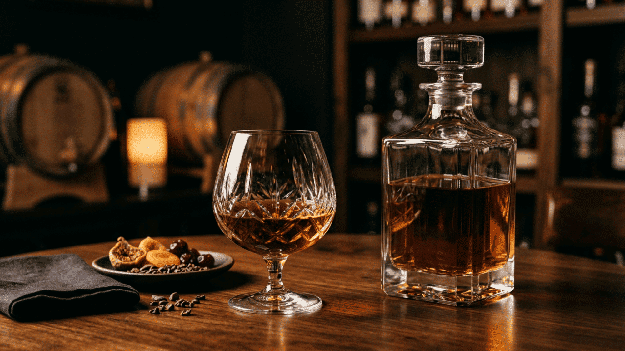 A close-up shot of rich, deeply colored extra añejo tequila in a crystal snifter glass, highlighting the dark amber hue developed from over three years of oak barrel aging.