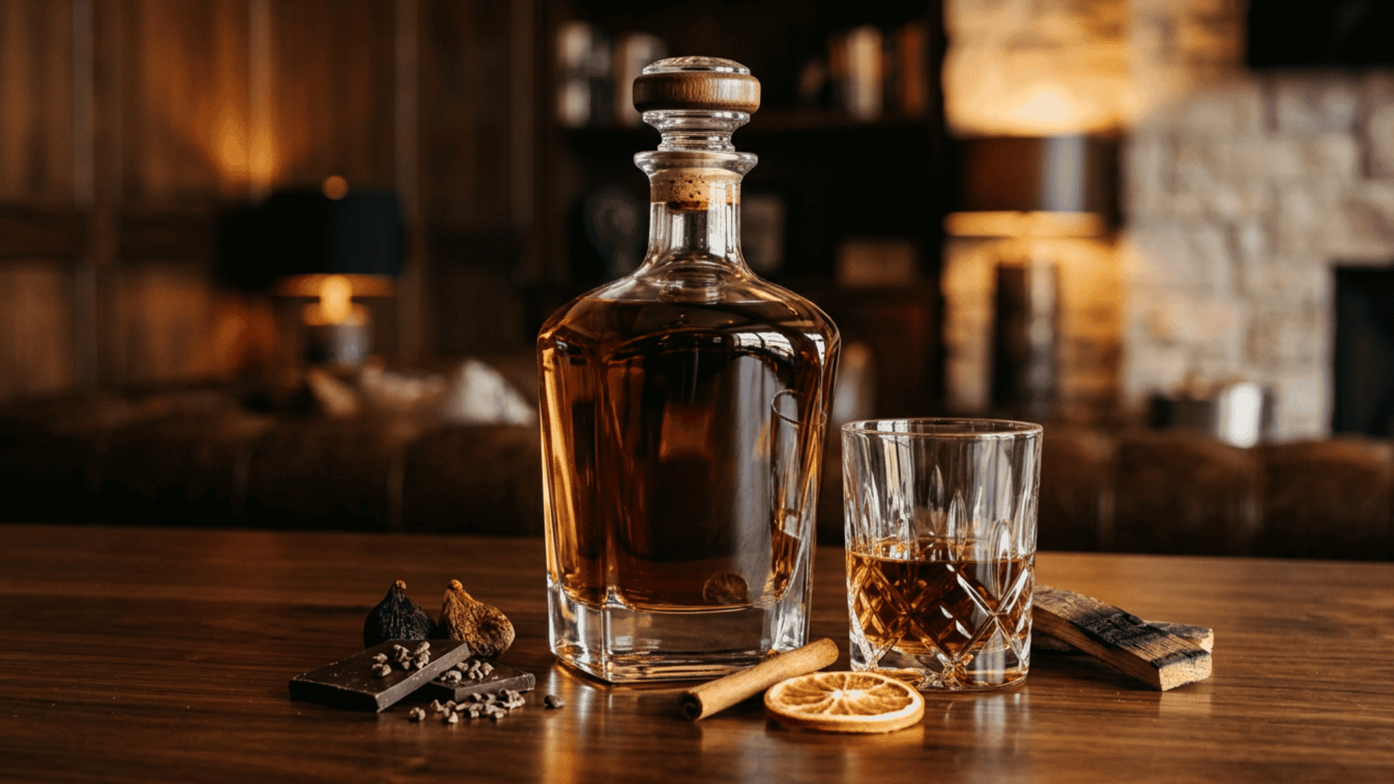 A luxury glass bottle of dark extra añejo tequila sitting on a sleek surface, highlighting its deep amber color from extended barrel aging.