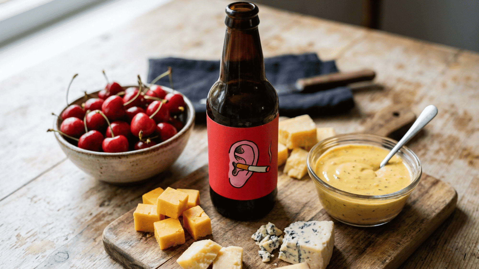 Farmhouse ale paired with cheeses, cherries, and dipping sauce on a rustic wooden serving board.