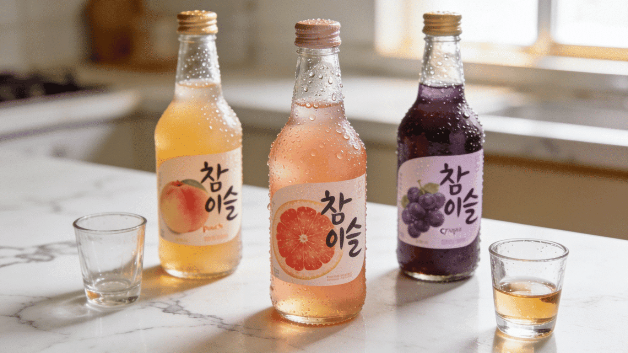 Three flavored soju bottles in peach, grapefruit, and grape with condensation and shot glasses on a marble countertop