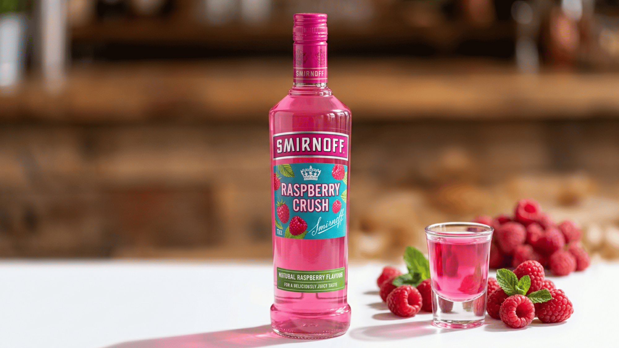 A bottle of fruit-flavored vodka surrounded by fresh whole and sliced citrus fruits on a bright background.