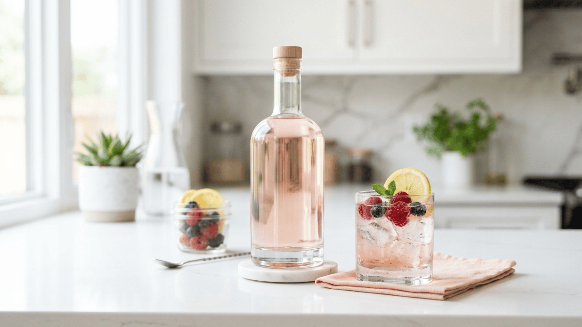 Assortment of flavored vodka bottles displayed on a clean surface, product style shot