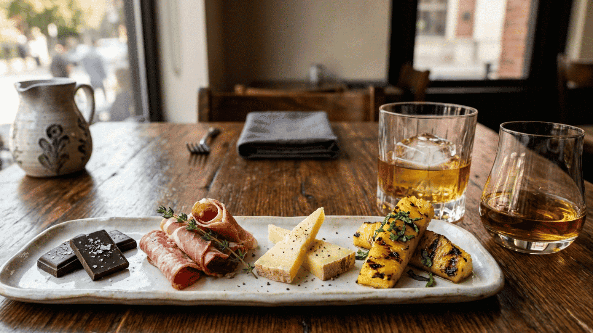 White ceramic tray with rum, whiskey, dark chocolate, smoked meat, cheese, and grilled pineapple on table