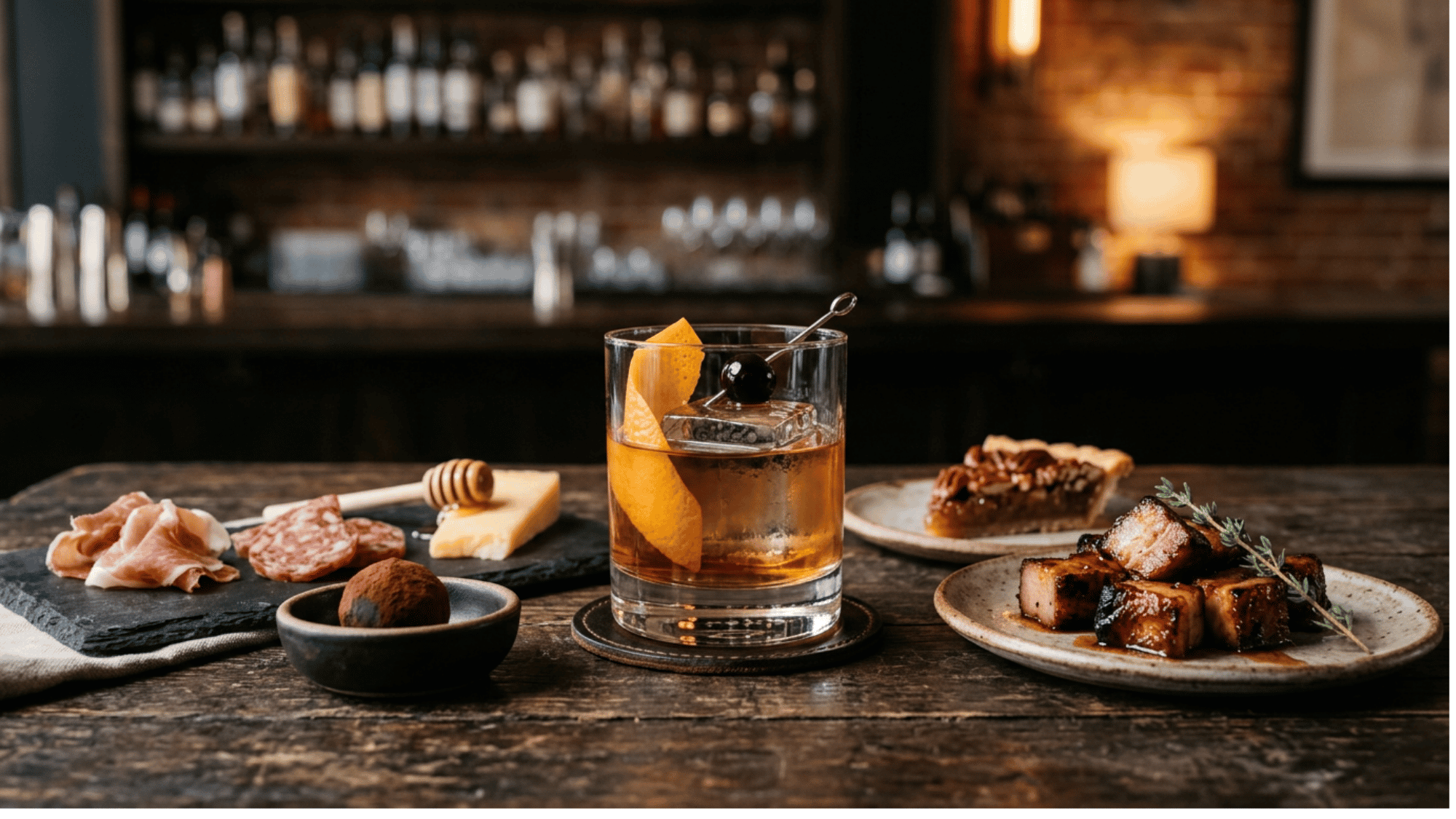 Bourbon cocktail with smoked meat, cheese, chocolate, pecan pie, and cured meat