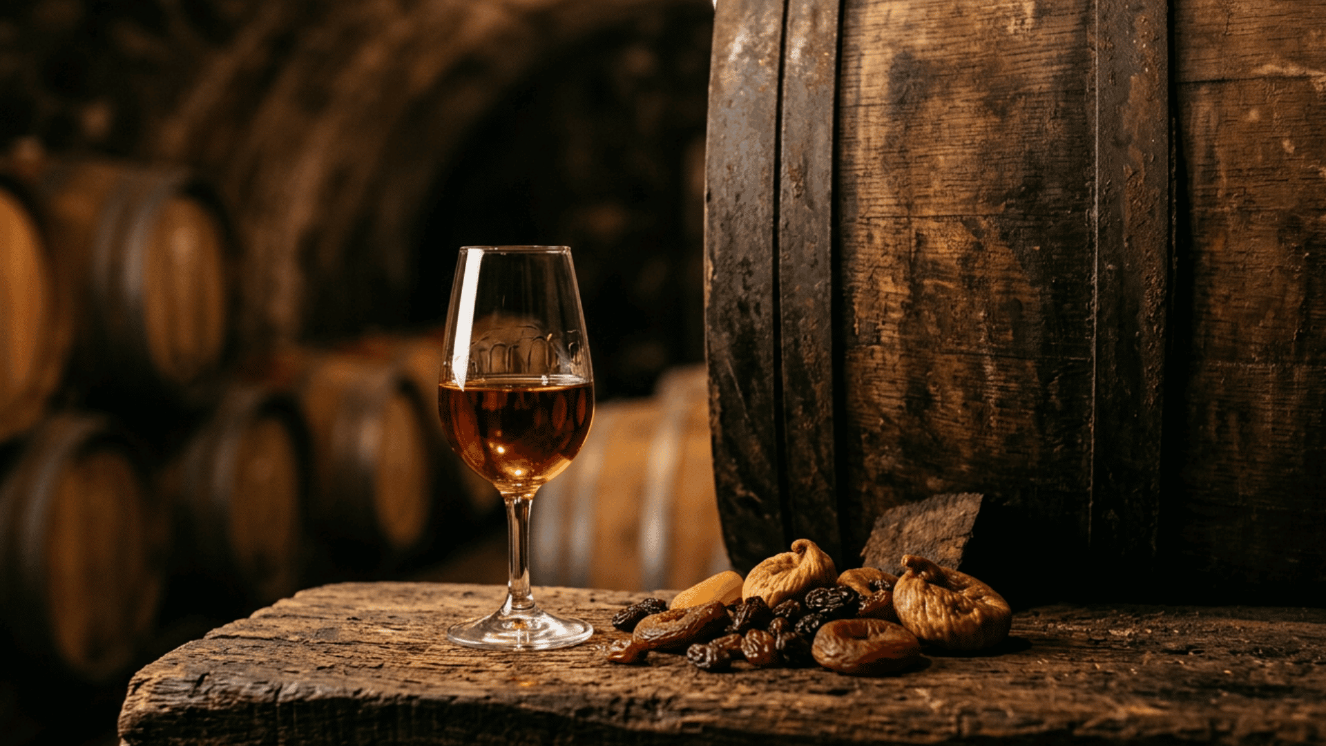 Amber fortified wine beside barrel and dried fruit