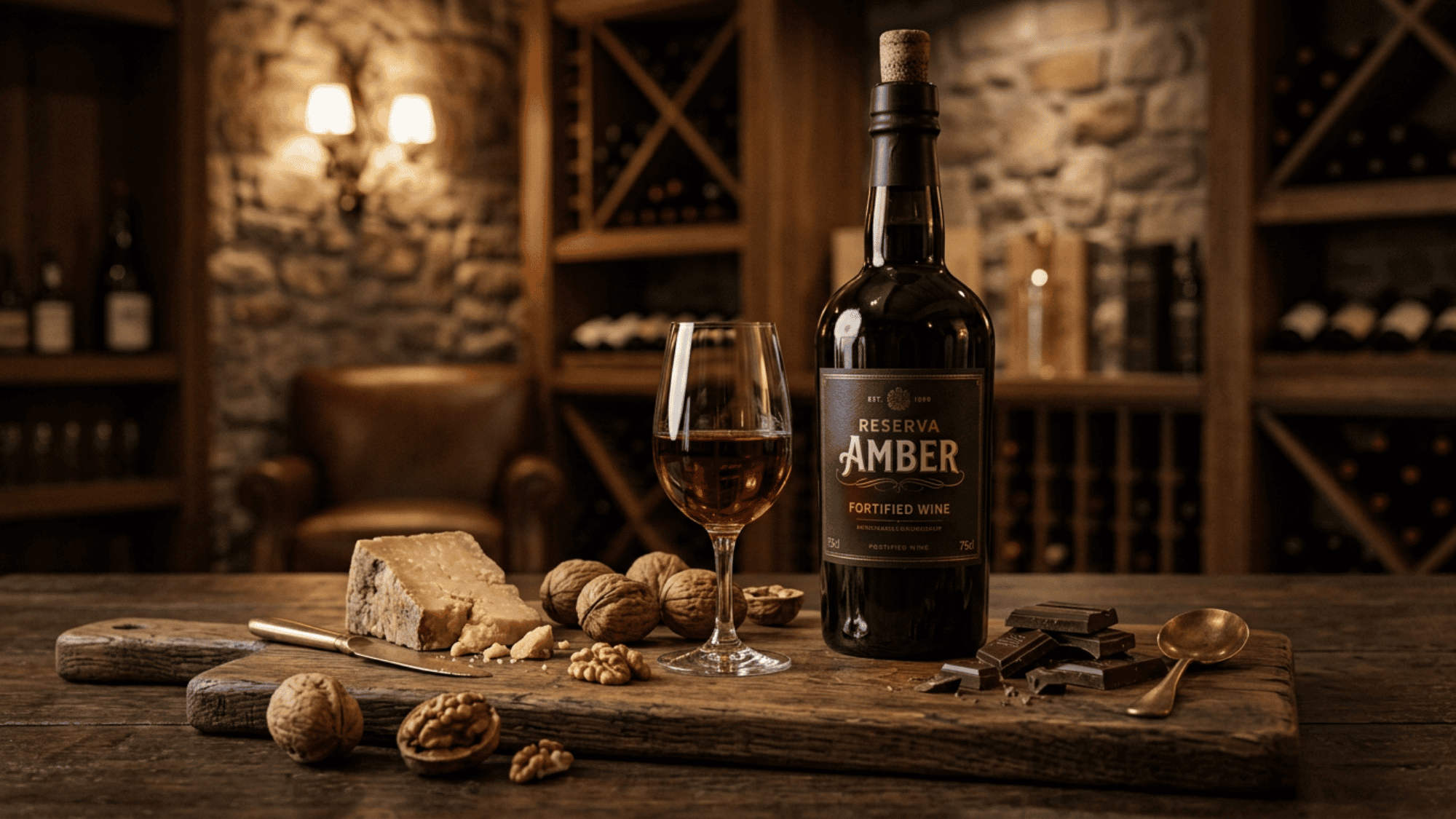 Fortified wine with cheese, walnuts, chocolate, and bottle in a warm cellar room