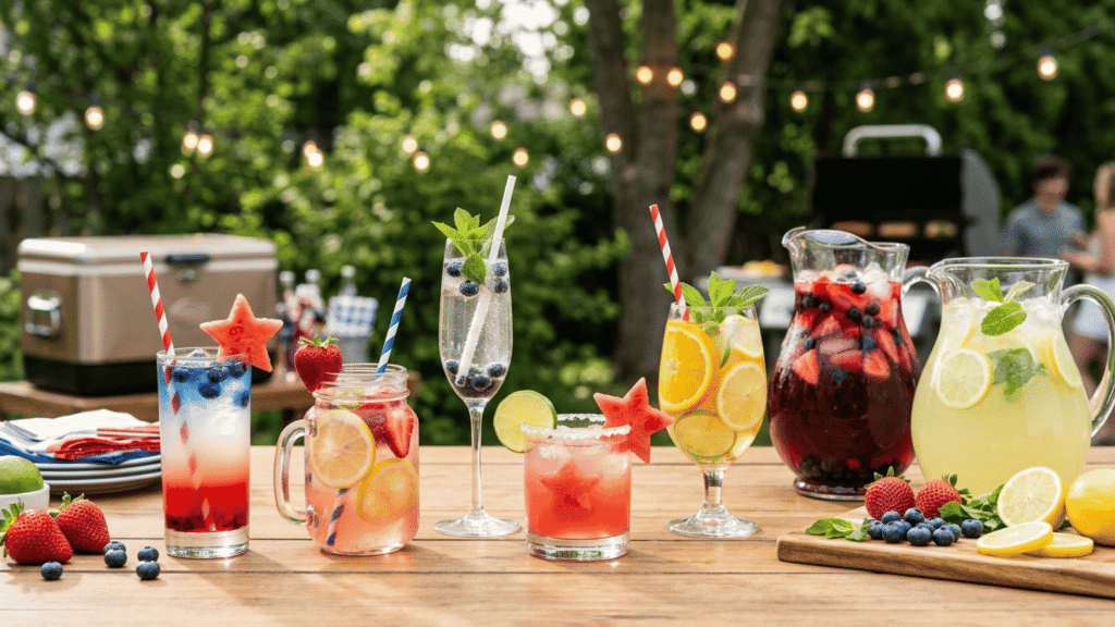 Fourth of July drink station with colorful cocktails and fresh fruit garnishes