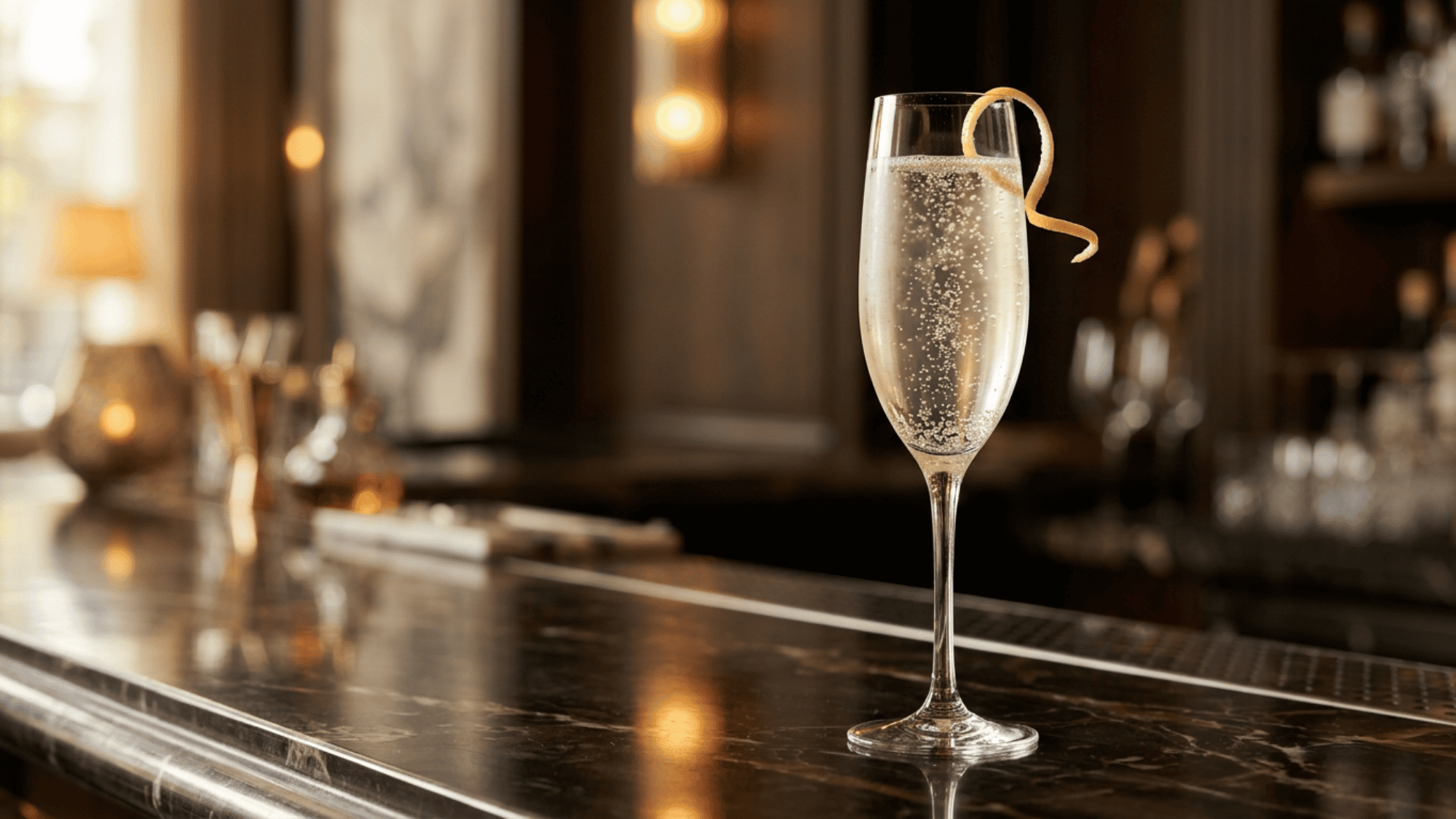 French 75 cocktail in a flute glass with bubbles and a lemon twist garnish