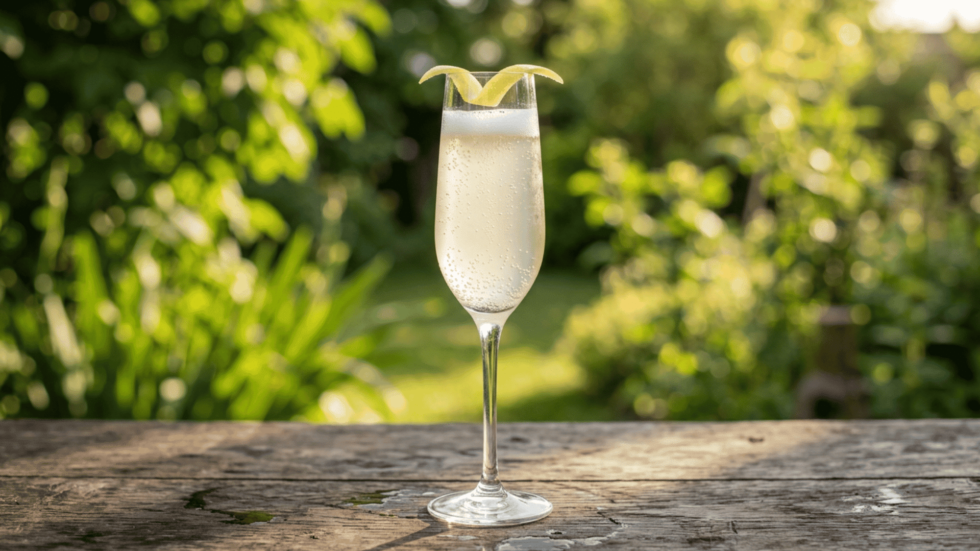 French 75 with lemon twist and fine bubbles in a flute glass