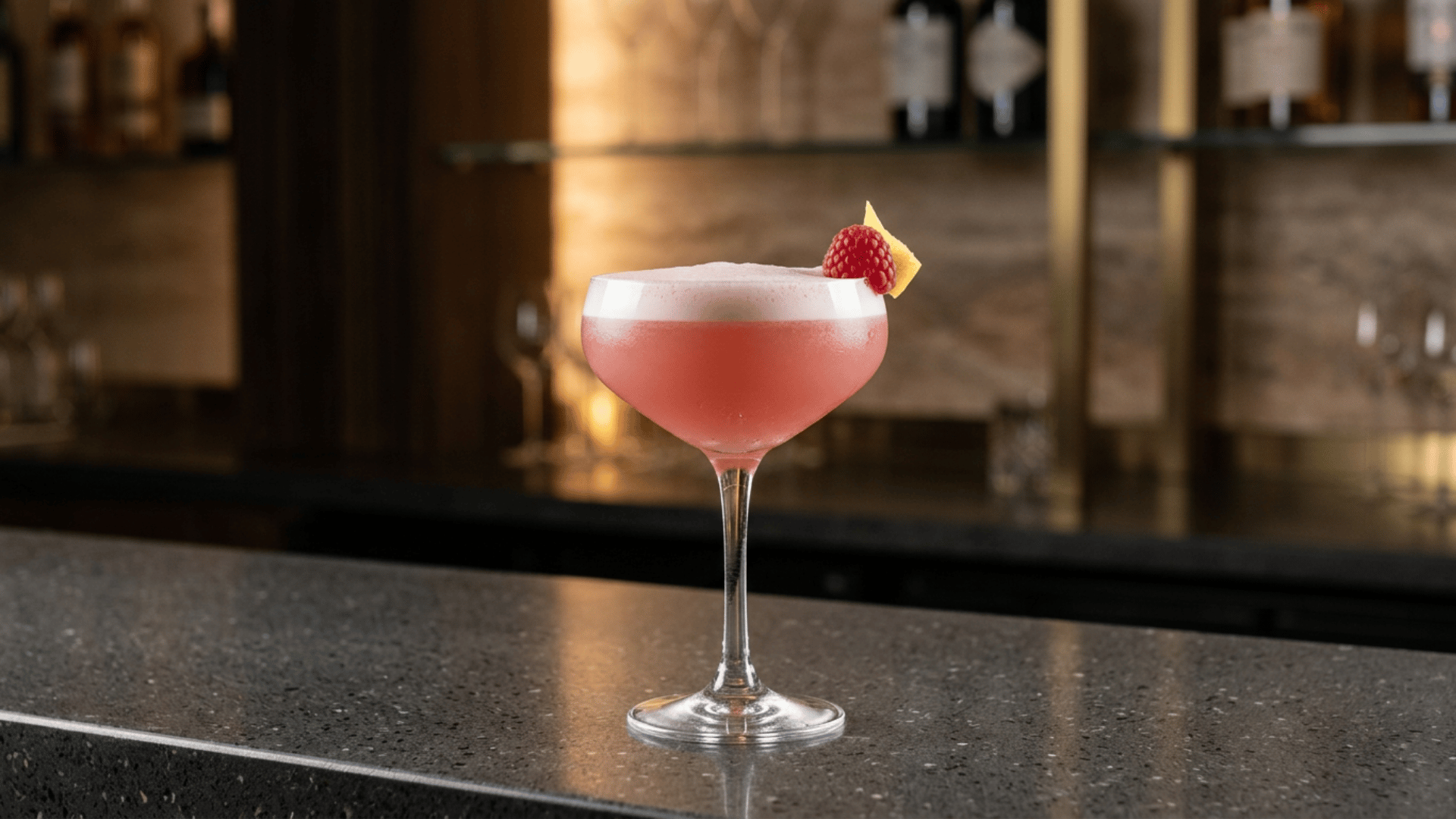 French Martini in a coupe glass with light foam and raspberry garnish.