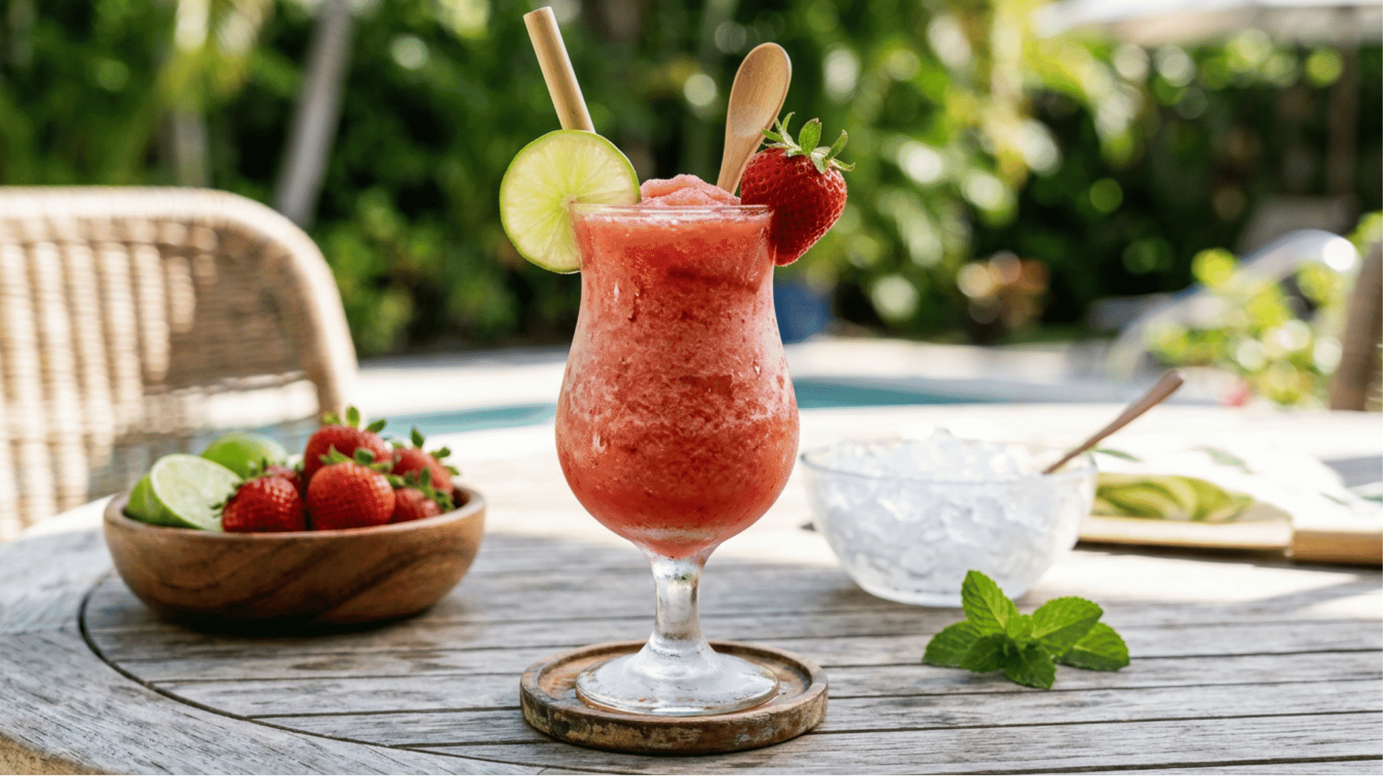 Frozen strawberry Malibu daiquiri with lime, crushed ice, and berry garnish