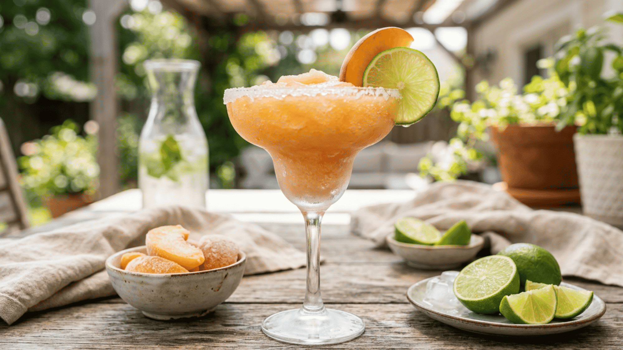 Frozen peach margarita with salted rim, peach slice, lime, and icy texture on a patio table