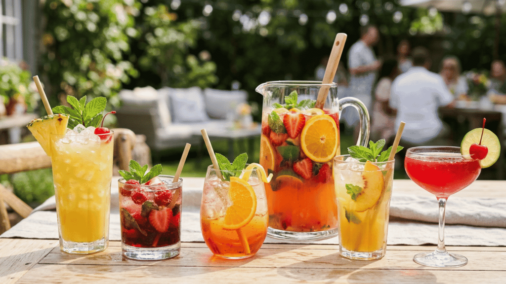 Colorful fruity cocktails and punch pitcher with fresh fruit on a sunny party table.