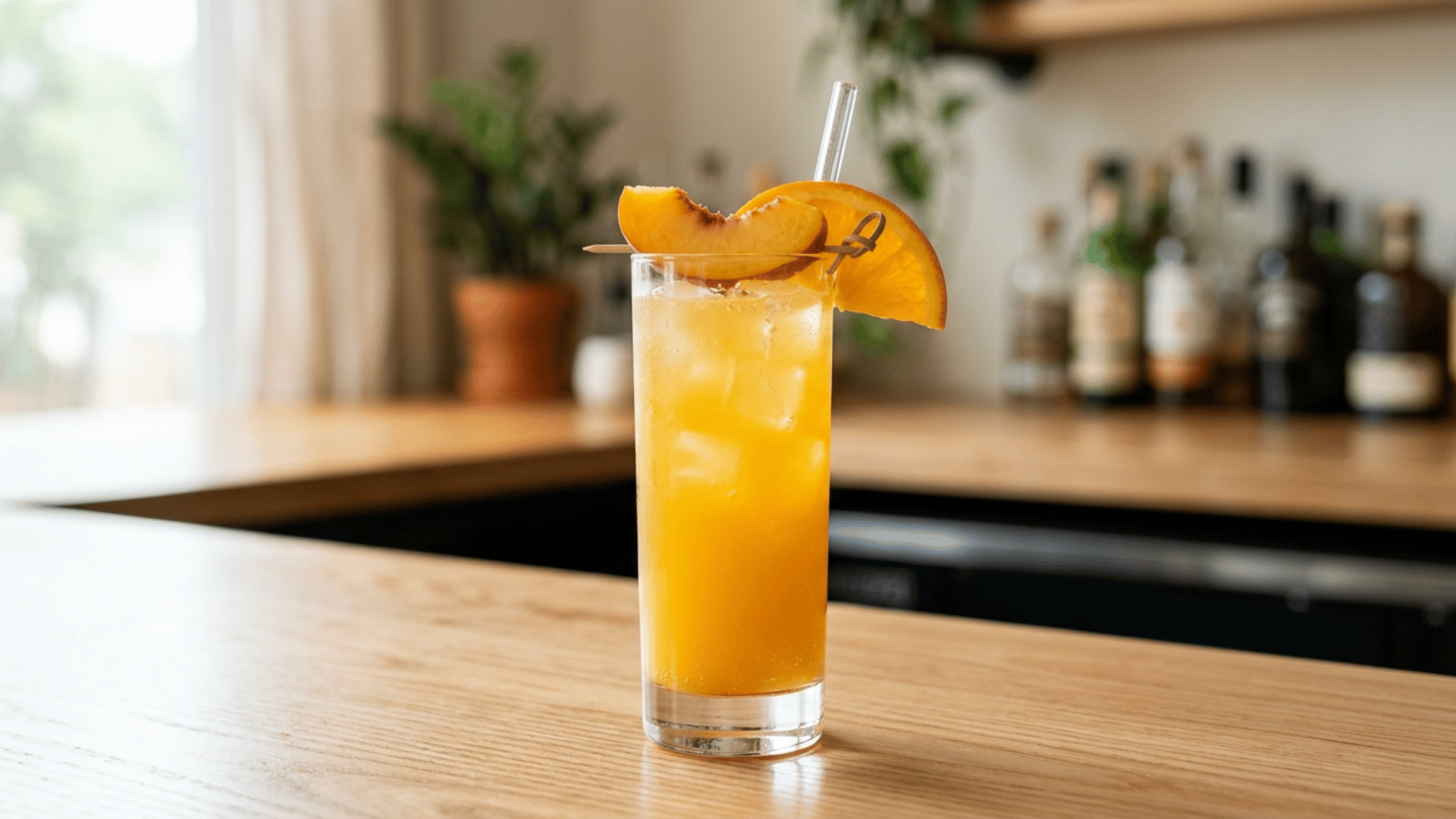 Fuzzy Navel cocktail in a tall glass with peach and orange garnish.