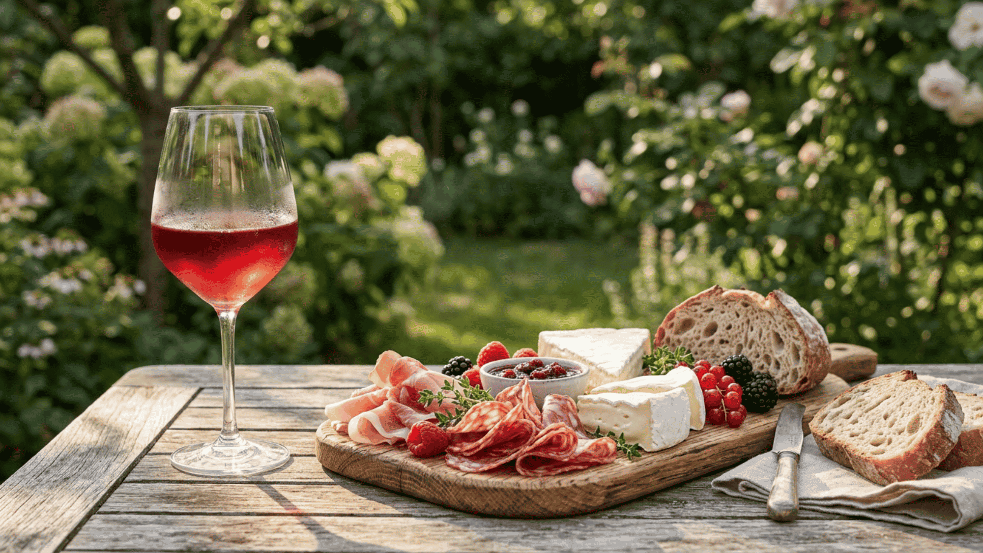 Gamay with charcuterie, soft cheese, berries, and bread outdoors