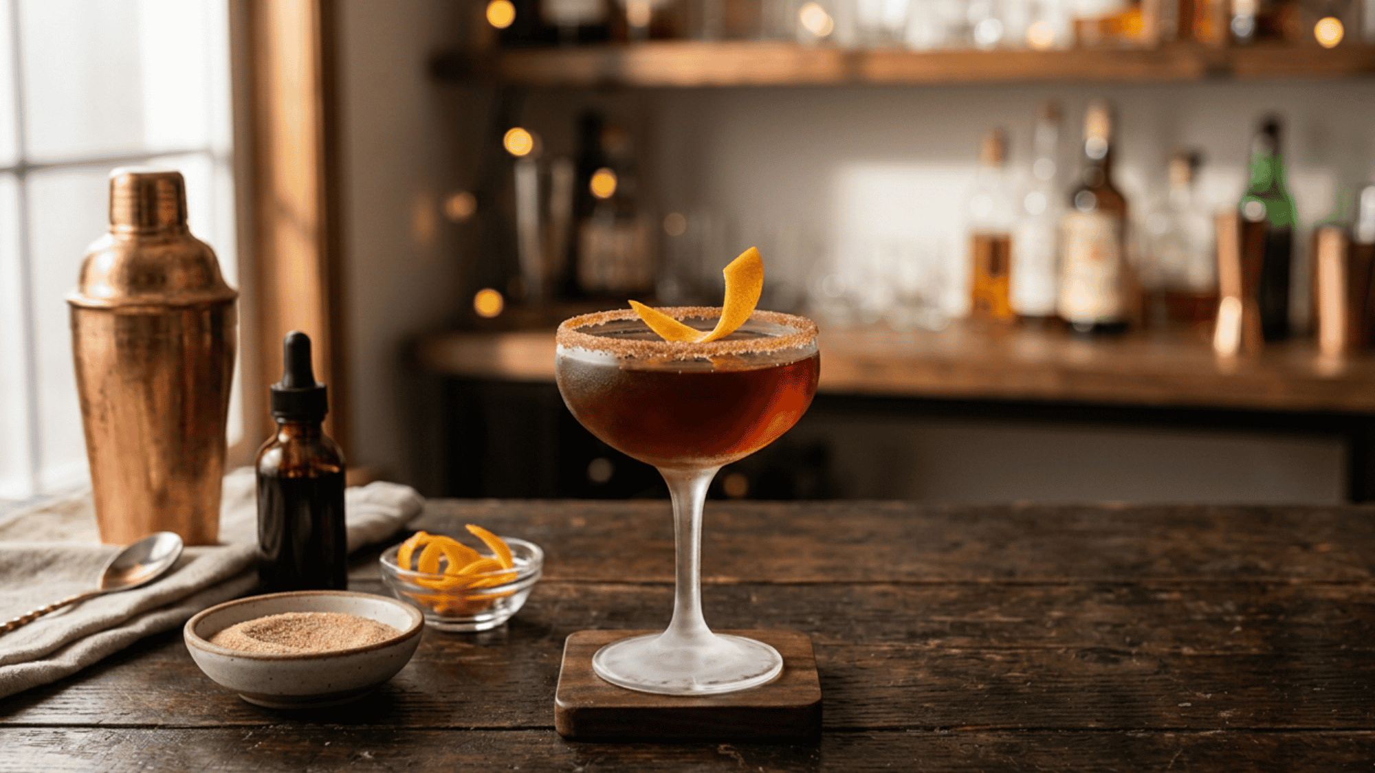 Expressing an orange peel twist over the surface of a finished coupe cocktail.
