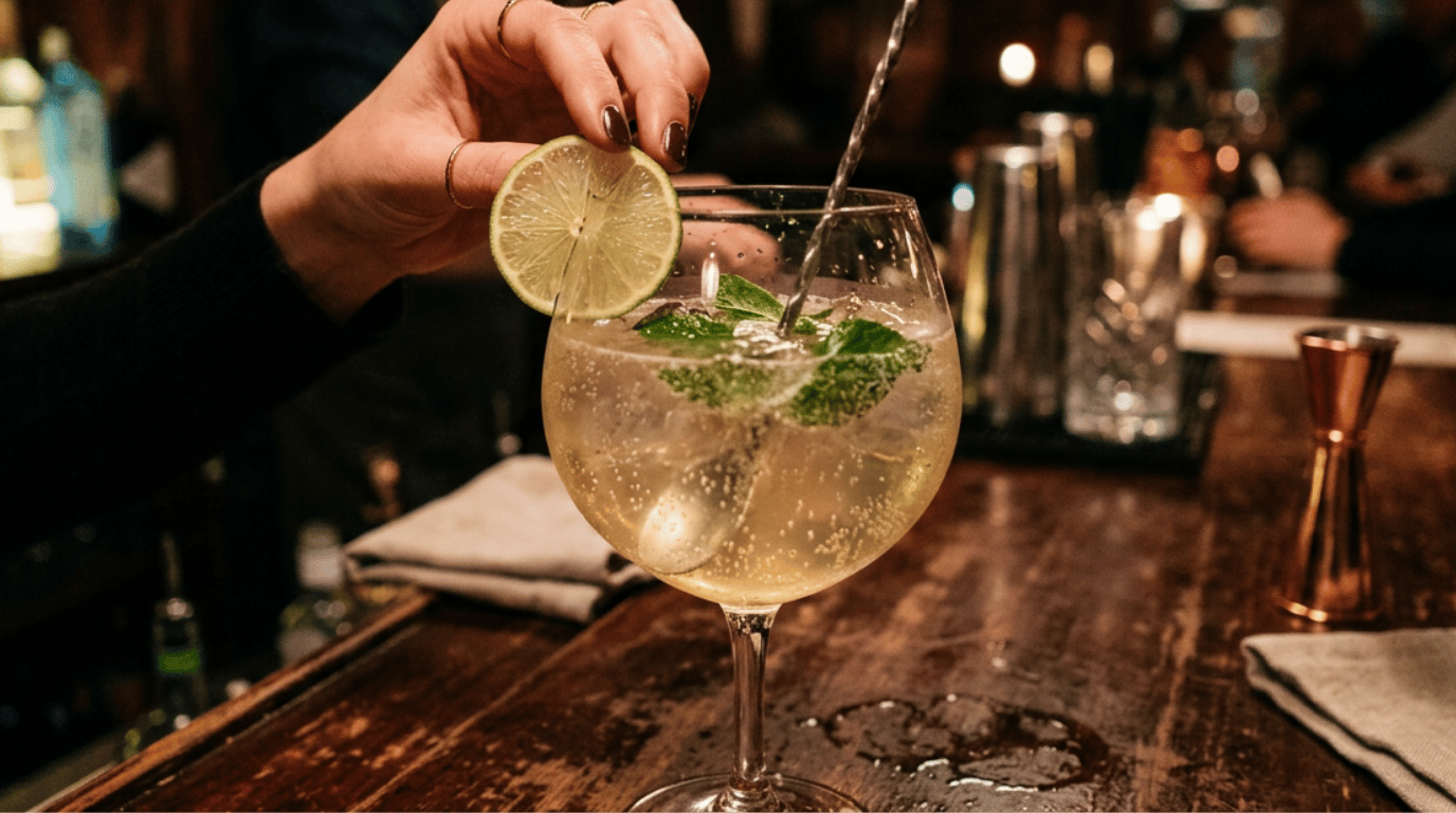 A hand places a lime wheel into a finished sparkling cocktail in a balloon wine glass while a bar spoon rests inside it, ready to stir, on a dark wooden bar counter.