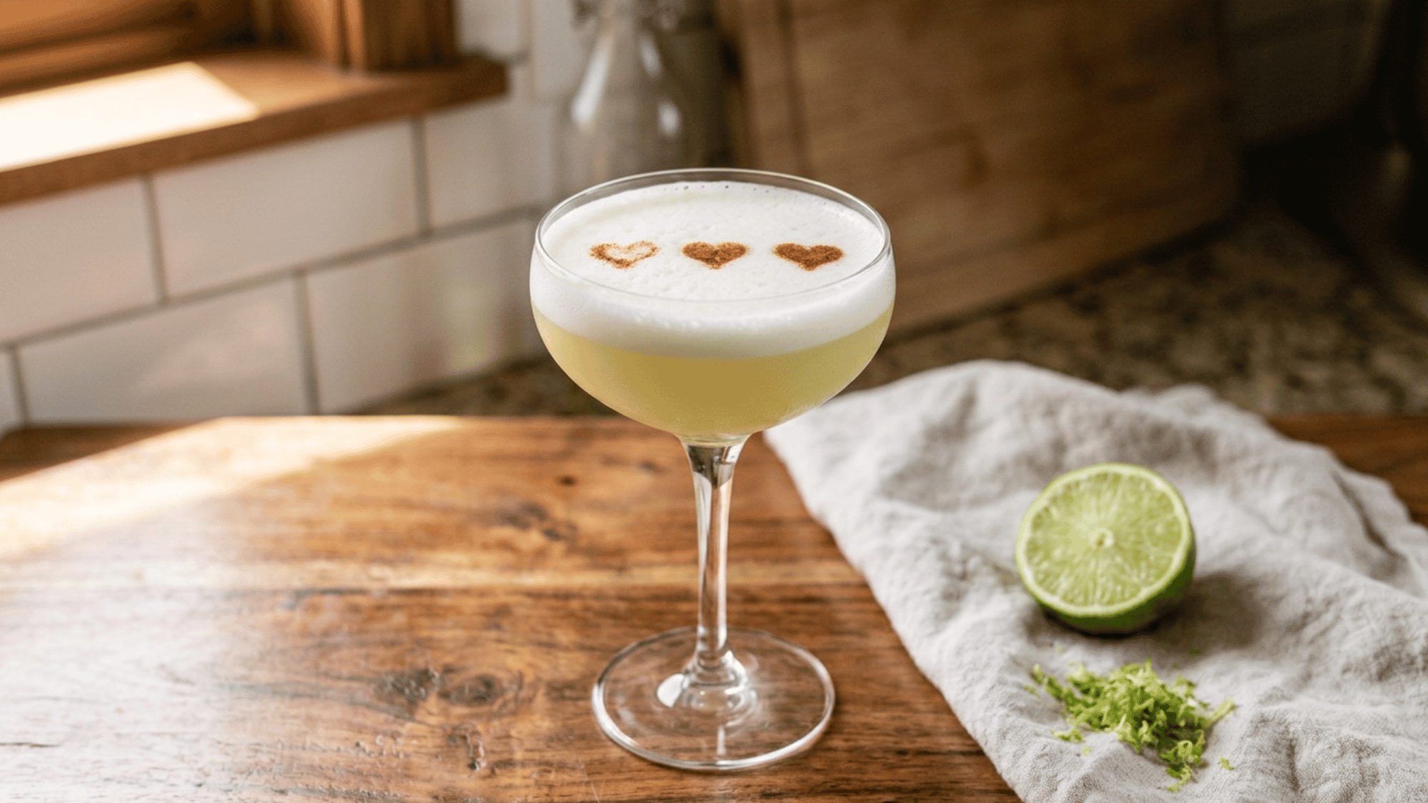 Finished pisco sour in a coupe glass with Angostura bitters swirl on foam