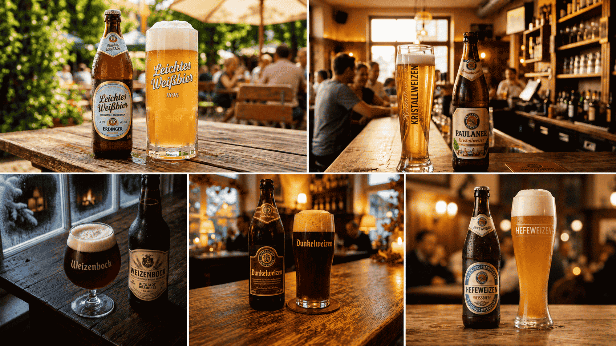 Collage of German wheat beers including Hefeweizen, Dunkelweizen styles