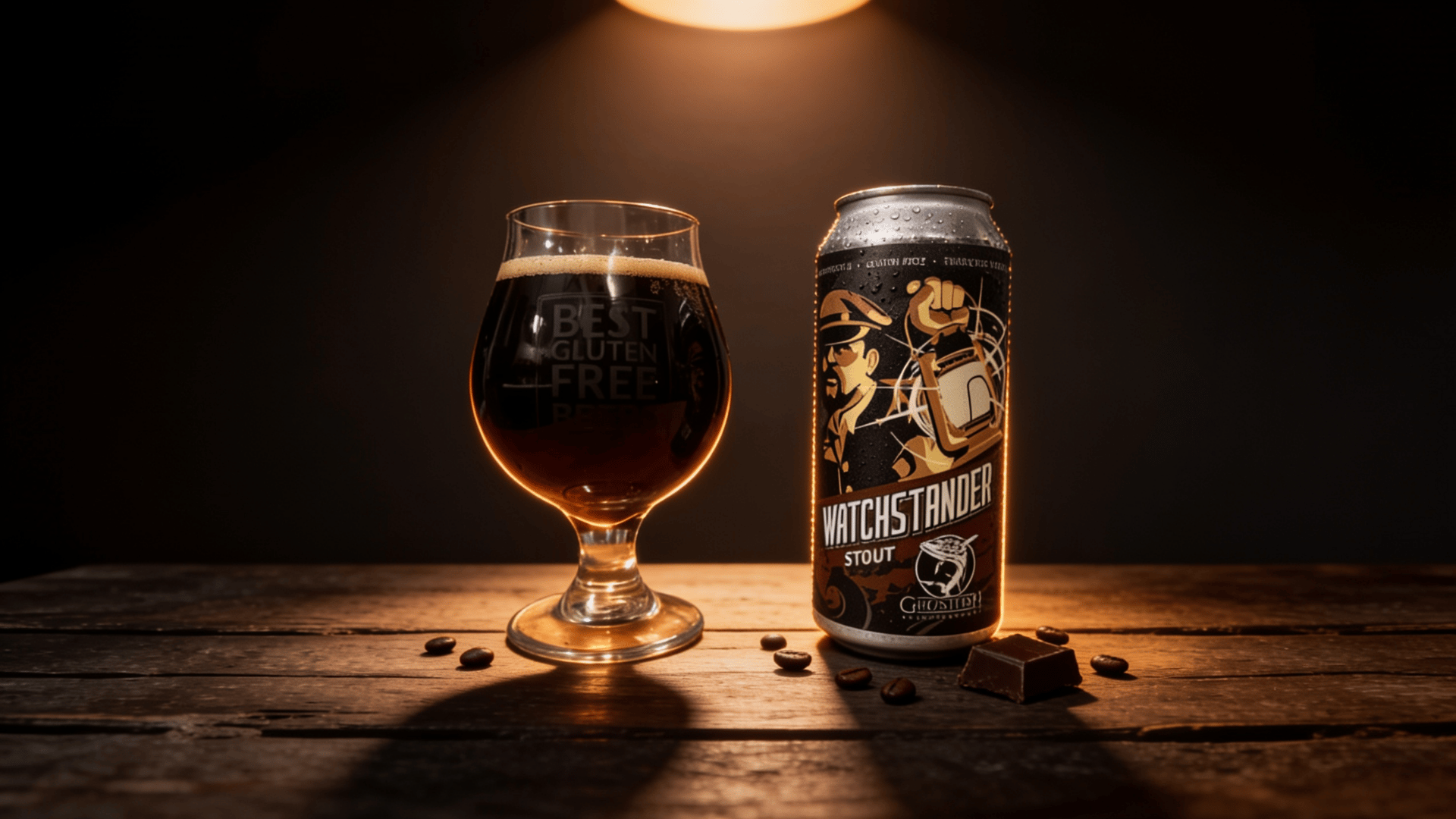 hostfish Watchstander Stout can beside a stemmed tulip glass of near-black stout with coffee beans and dark chocolate on a dark wooden surface.