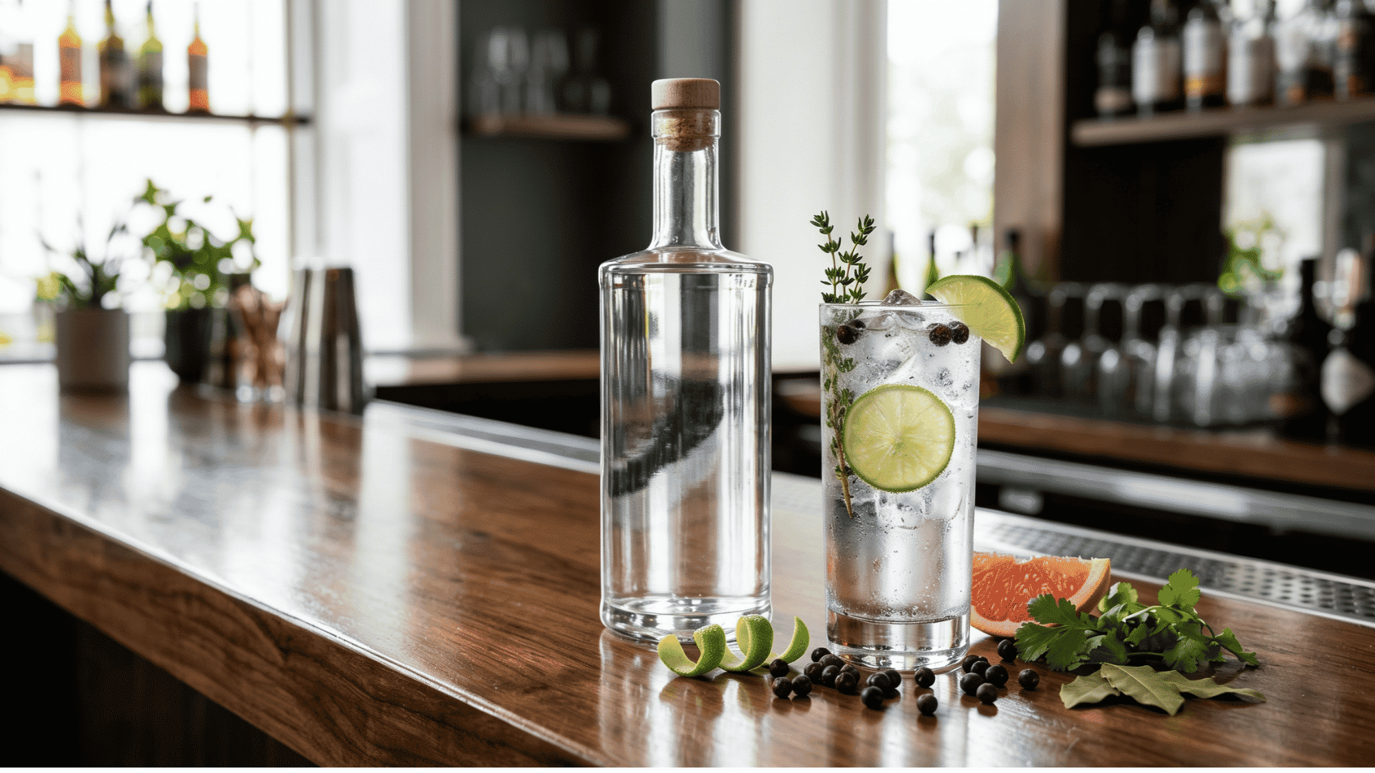 Gin bottle with tonic, lime, juniper berries, and botanicals