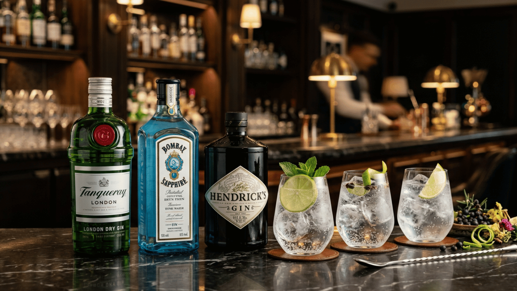 Premium gin bottles with refreshing gin and tonic cocktails on a marble bar in an upscale lounge.