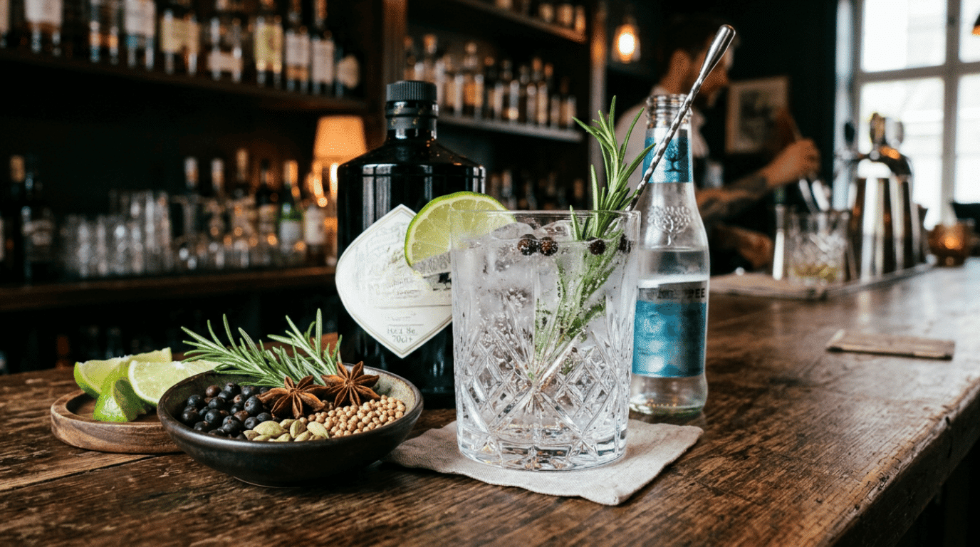 Gin and tonic served with fresh lime garnish