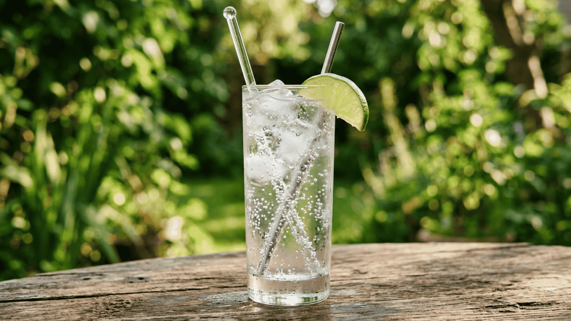 Gin and Tonic with lime, ice, and tonic bubbles in a tall glass