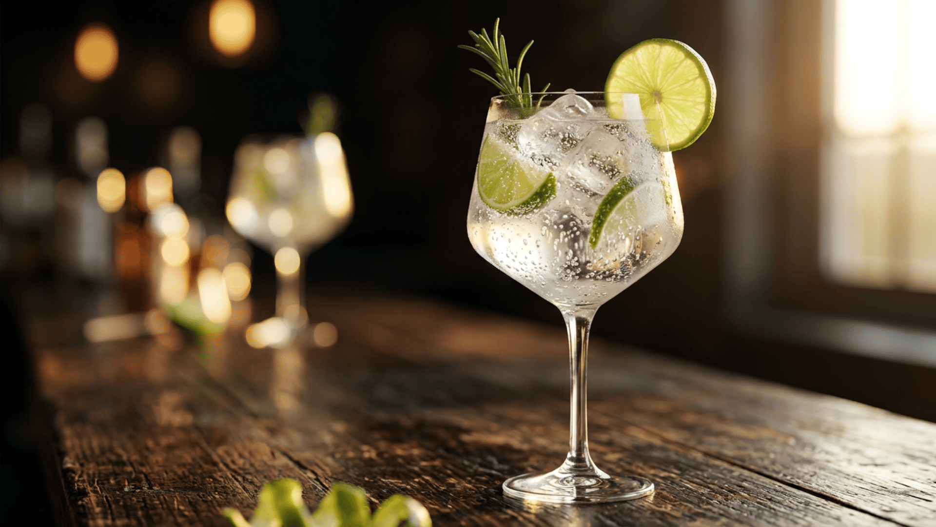 A refreshing gin and tonic in a tall glass with ice, lime, and rosemary on a dark wooden bar counter.