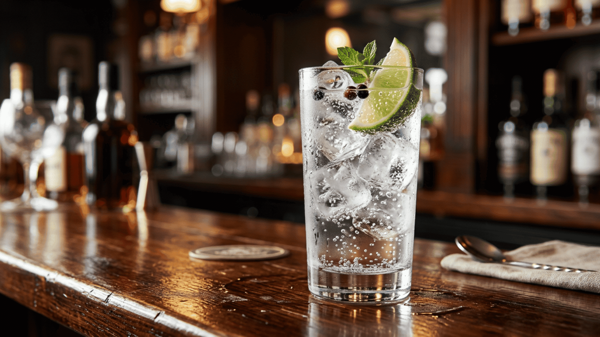 Gin and tonic with lime, mint, and ice on a polished wooden bar