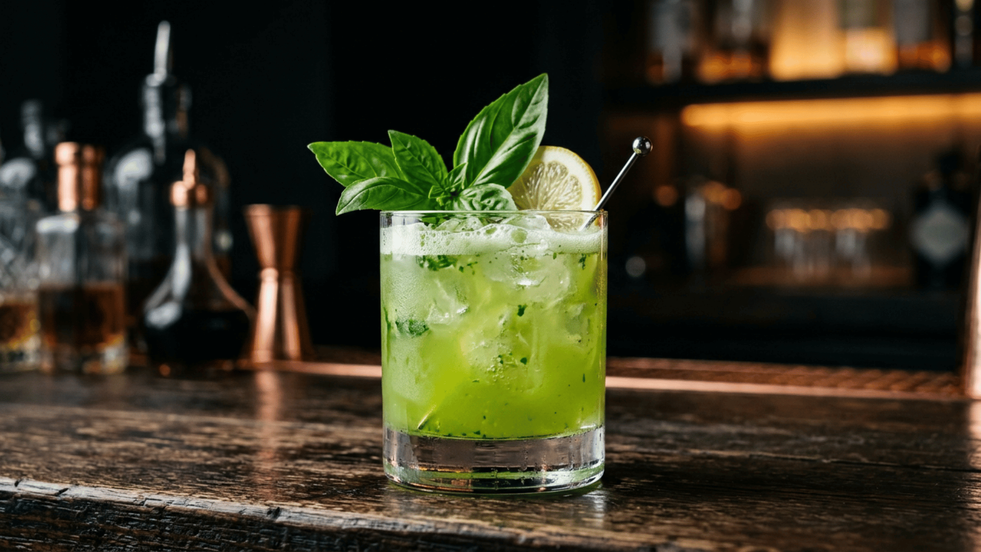 Gin basil smash with ice, fresh basil, and lemon on a dark bar counter