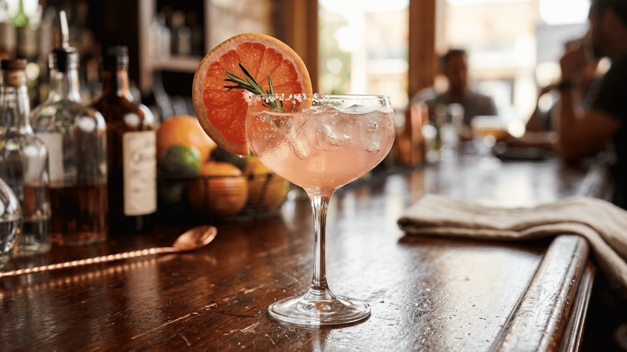 Gin grapefruit cocktail with rosemary garnish on a wooden bar