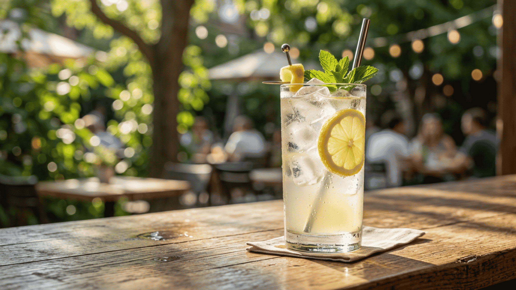 Gin lemonade with lemon, mint, and ice on a sunny patio table