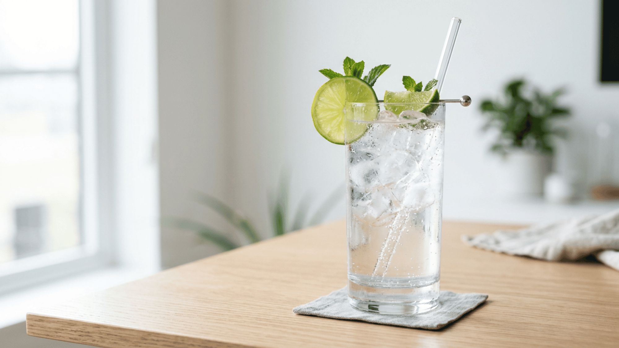 Gin Rickey with ice, lime, mint, and soda in a tall glass on a light table
