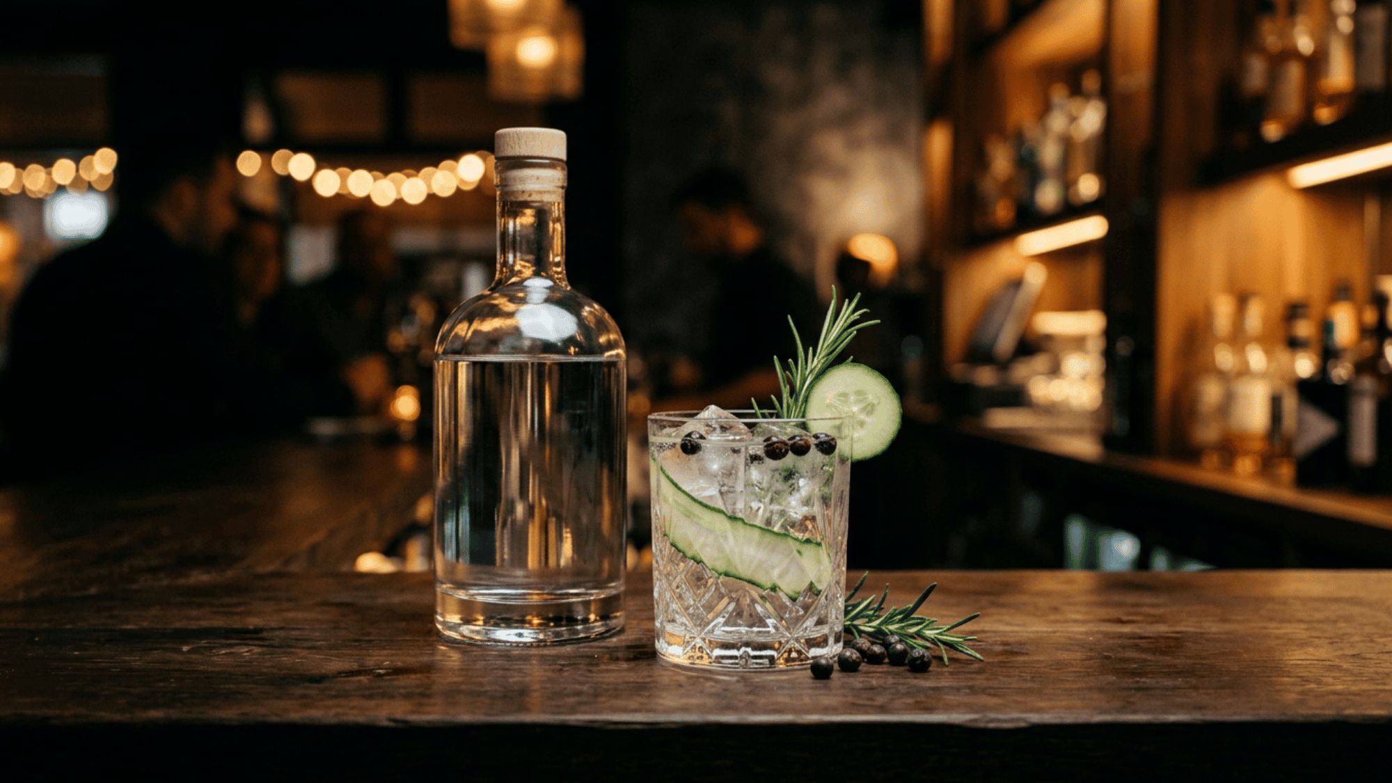 Gin bottle and cocktail glass with botanicals in modern bar setting
