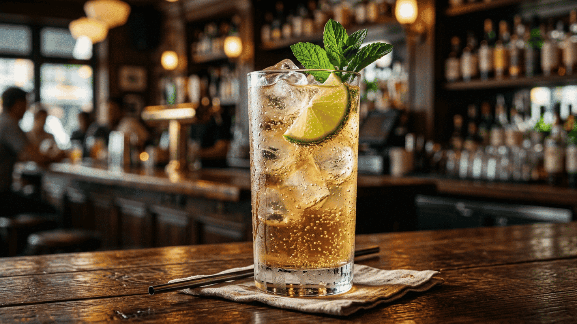 Ginger beer lime cocktail with mint garnish in a cozy bar setting