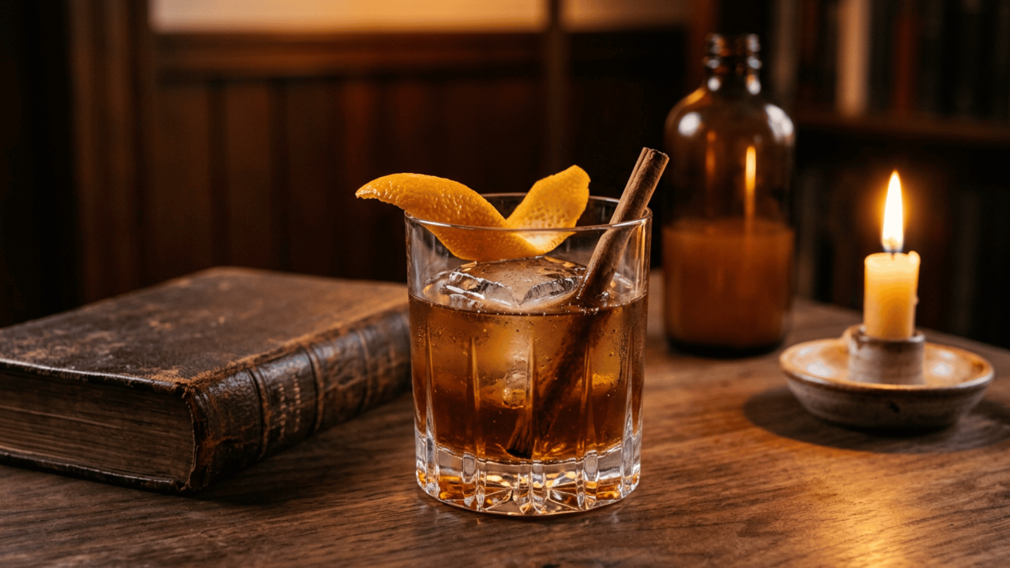 Gingerbread Old Fashioned with orange peel beside a vintage book and candle.