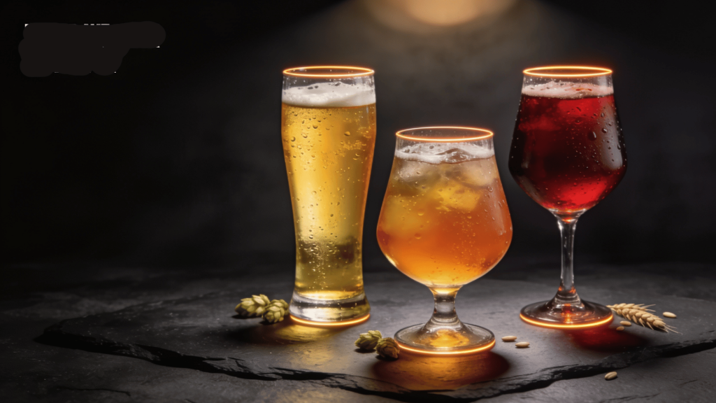 Three gluten-free beer glasses in pale gold, amber, and ruby tones arranged on a surface.