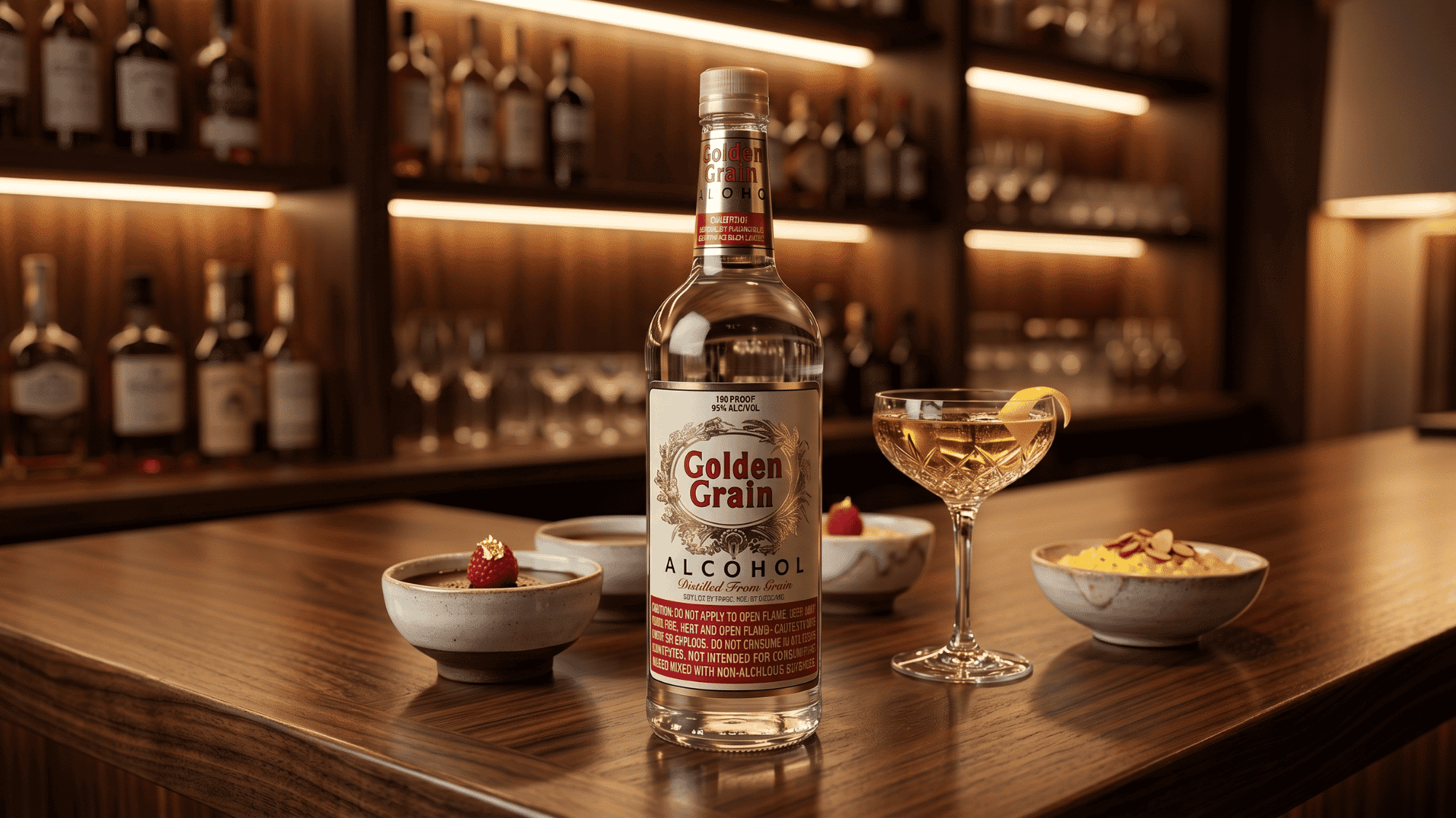 Golden Grain alcohol bottle beside a cocktail glass on a warm wooden bar