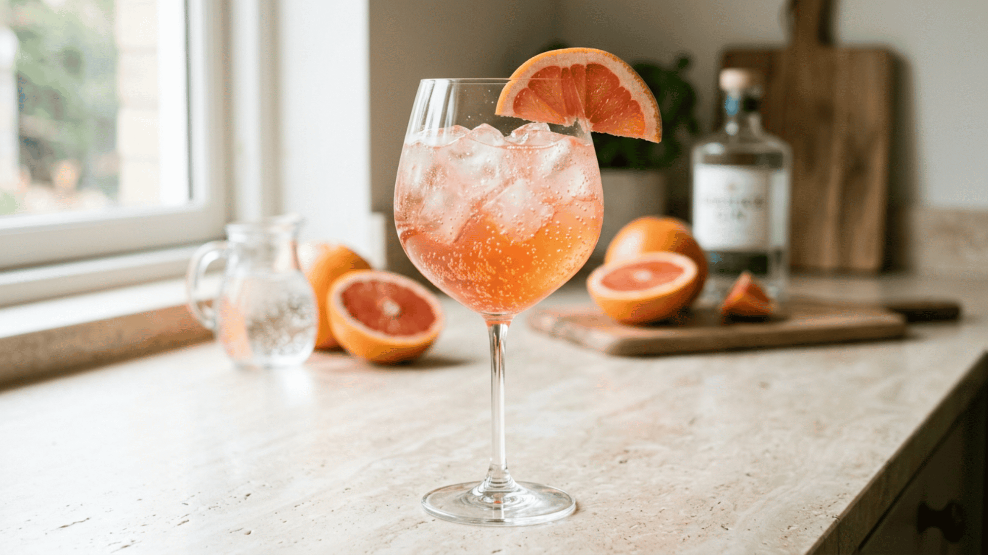 Grapefruit gin spritz with ice and a grapefruit slice in a wine glass