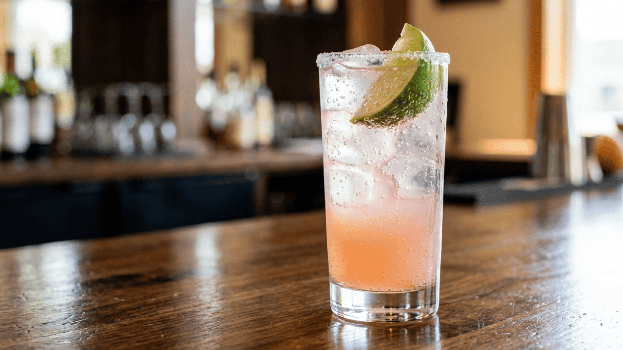 Grapefruit salt soda cocktail with lime garnish on a bar counter