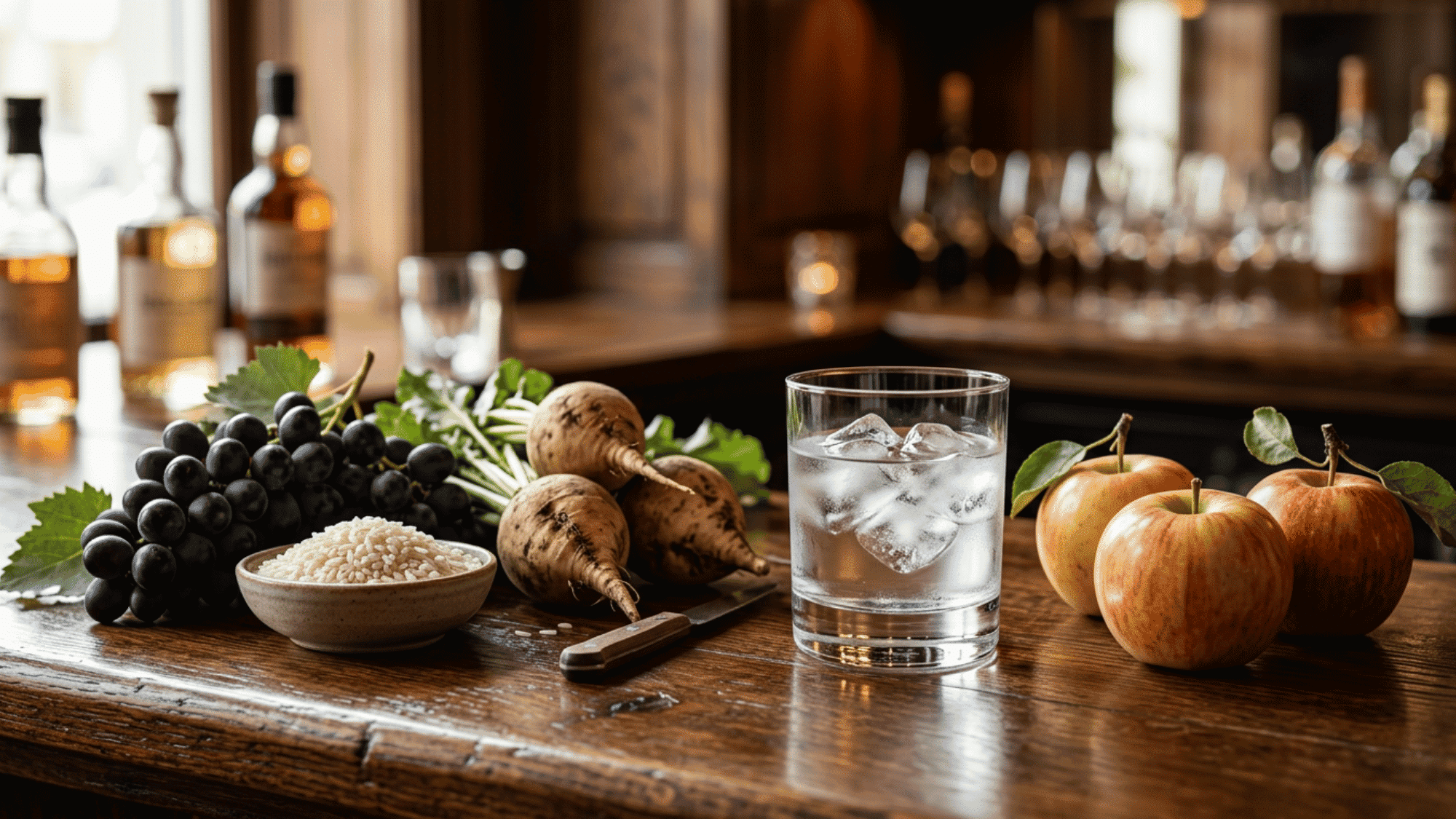 Grapes, rice, sugar beets, apples, and vodka glass on a wooden bar