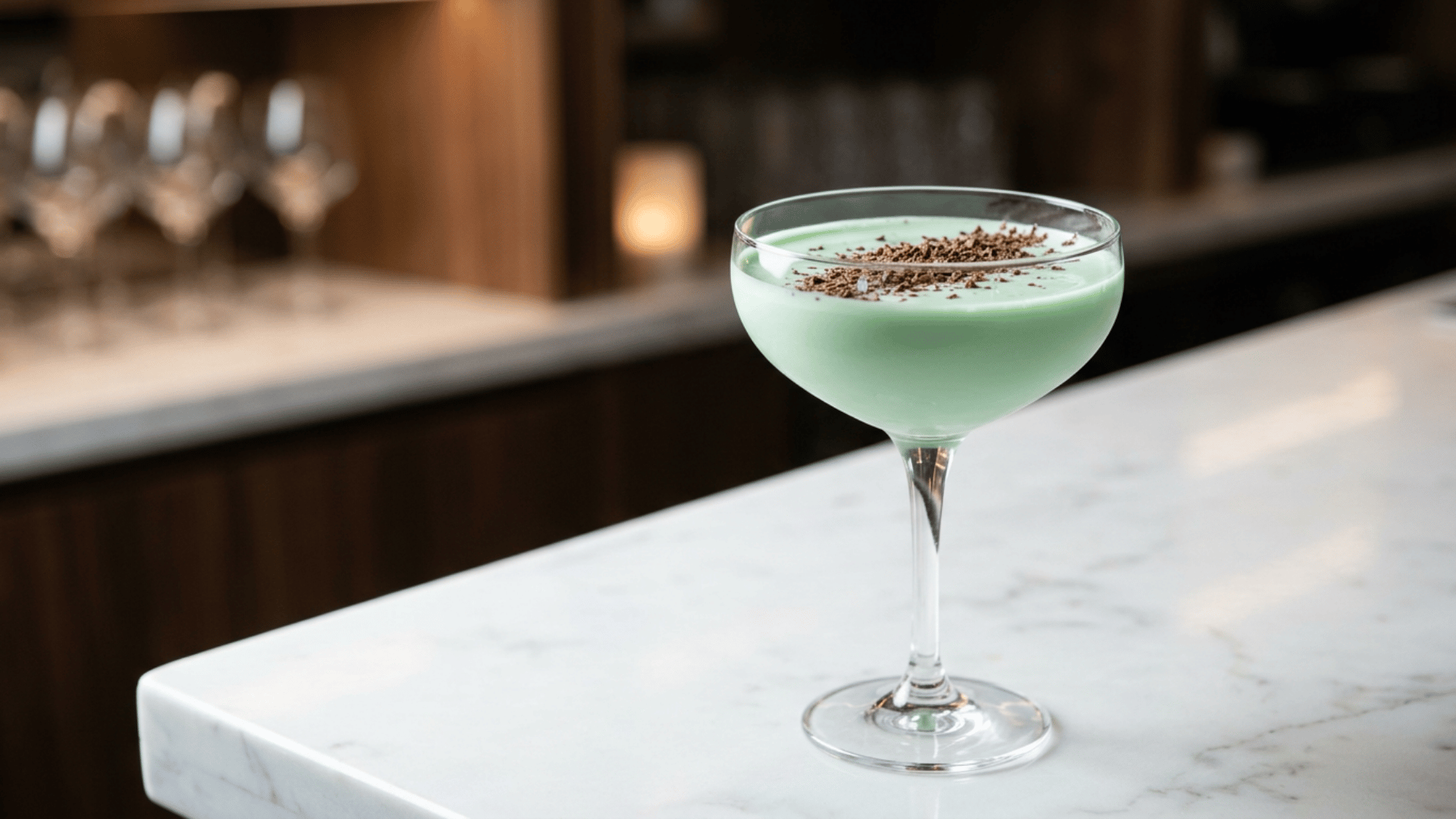 Mint-green Grasshopper cocktail in a coupe glass with chocolate garnish.