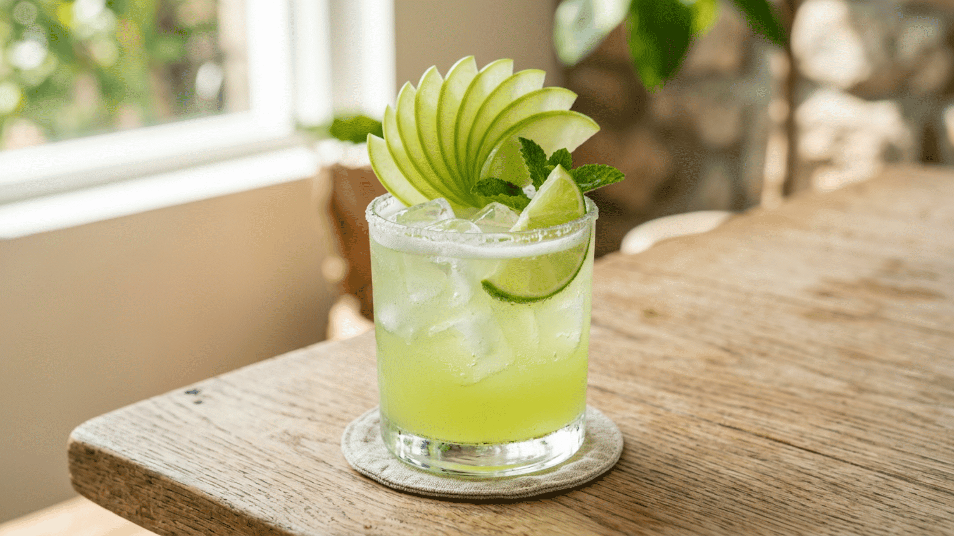 Green apple margarita with pale green color and apple fan garnish