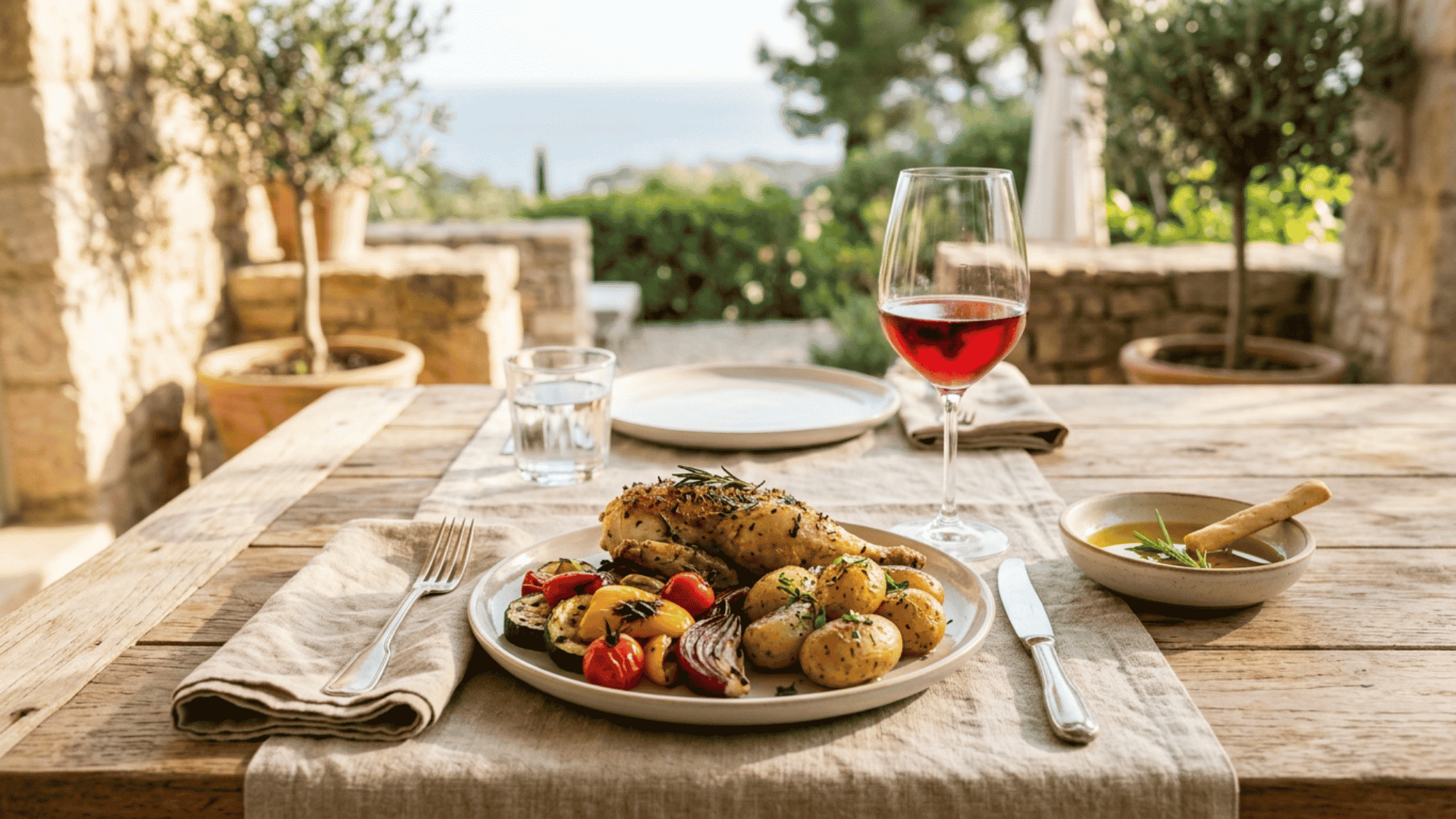 Grenache with roast chicken, potatoes, and vegetables on a sunny patio