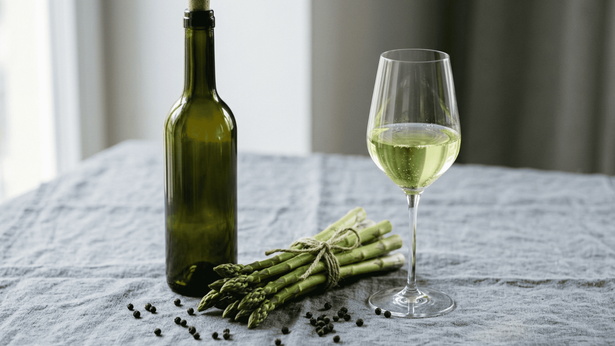 Bottle and glass of Grüner Veltliner with fresh asparagus and black peppercorns.