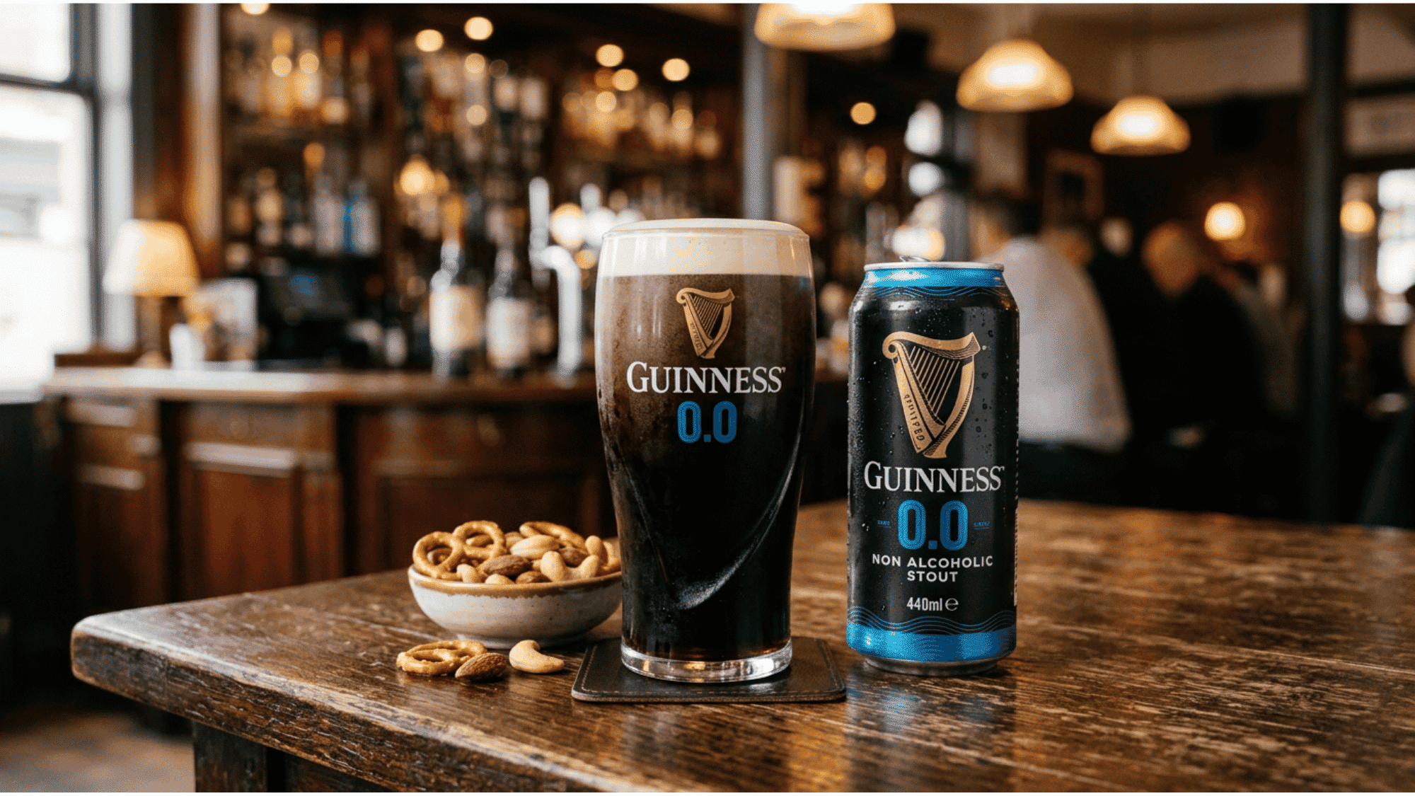 Guinness 0 stout with creamy foam beside can and snacks on pub table