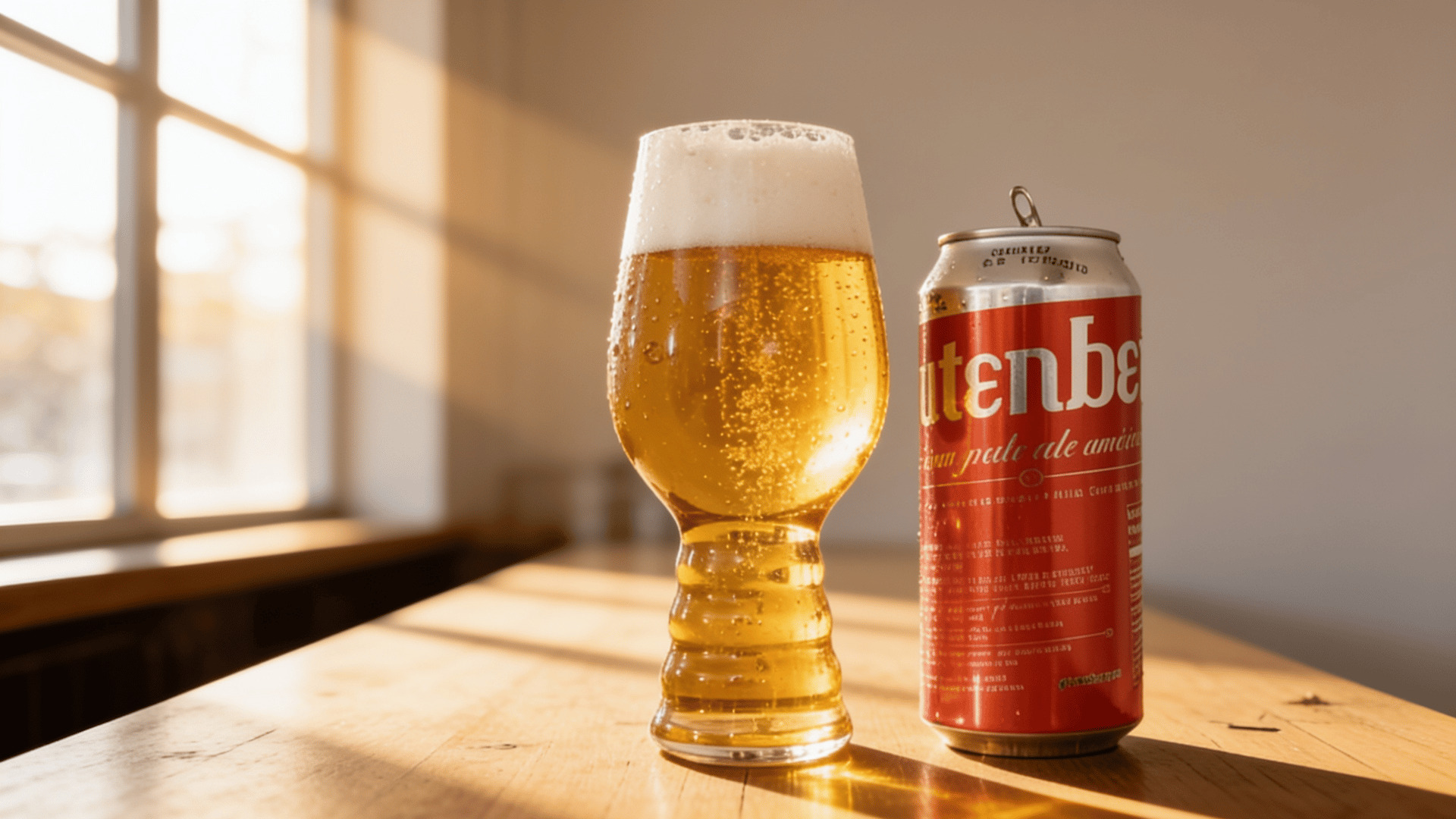Glutenberg American Pale Ale can beside a tulip glass of golden pale ale on a wooden surface with condensation droplets.